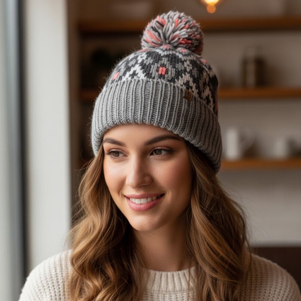 ❄️ Cozy Hollister Fair Isle Pom Pom Beanie Ski hat Gray/Salmon/Coral OS 🎣